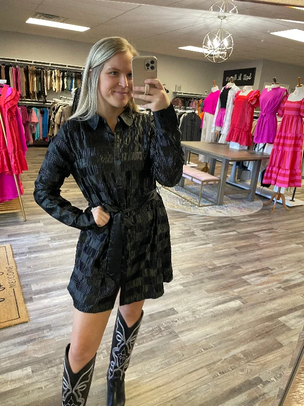 Satin Pleated Long Sleeve Dress - Black