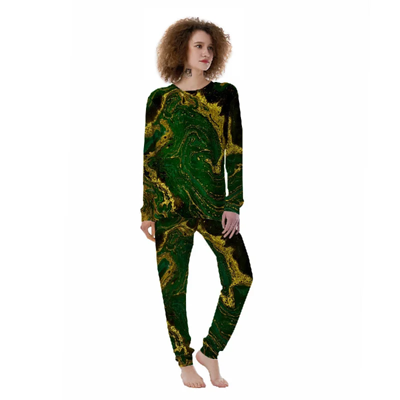 Marble Abstract texture Gold And Dark Green Print Women's Pajamas