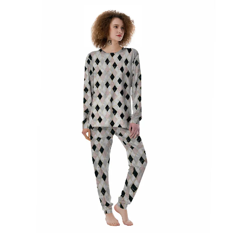 Marble Argyle White Pink And Black Print Women's Pajamas