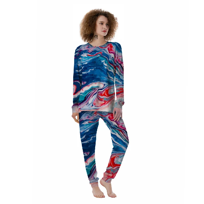 Marble Cartoon Texture Red Blue Print Women's Pajamas