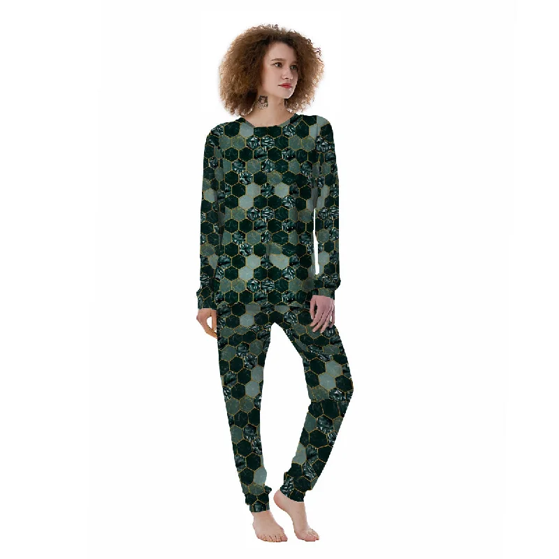 Marble Hexagon Green Tropical Print Pattern Women's Pajamas