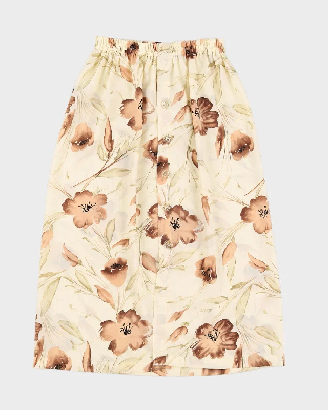 Vintage Cream & Beige Floral Button Down Skirt - M/L