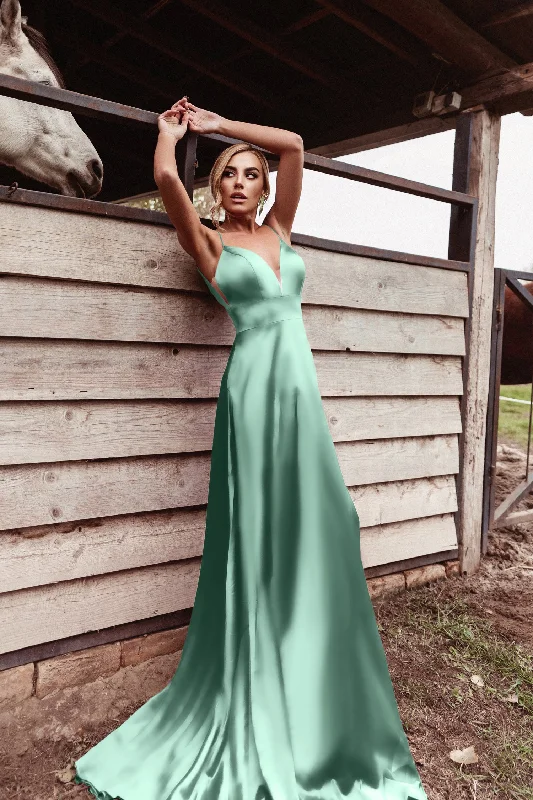 Tina Holly Couture TE003 Sage Green Satin Silky Formal Dress