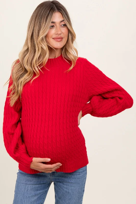 Red Cable Knit Mock Neck Bubble Sleeve Maternity Sweater