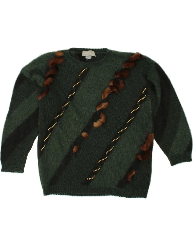 VINTAGE Womens Crew Neck Jumper Sweater UK 16 Large Green Striped Wool