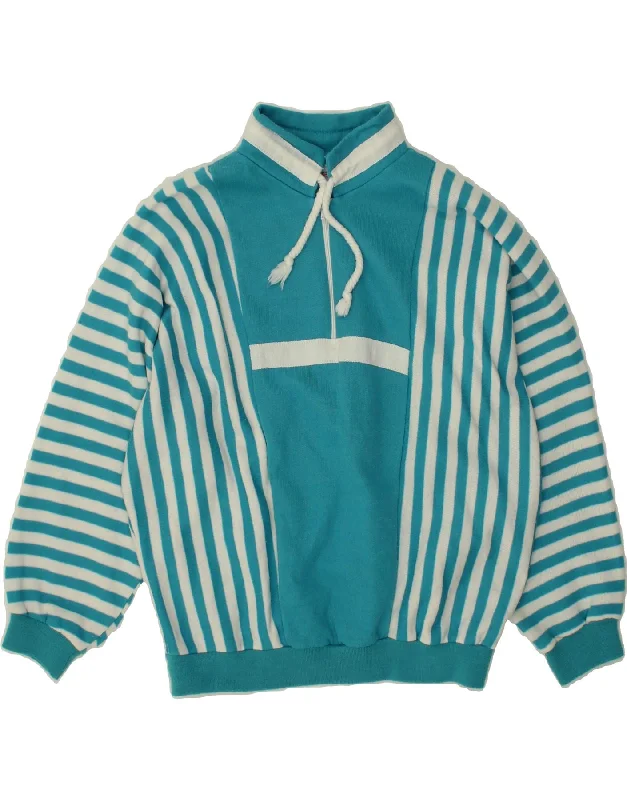 VINTAGE Womens Zip Neck Sweatshirt Jumper UK 12 Medium Blue Striped