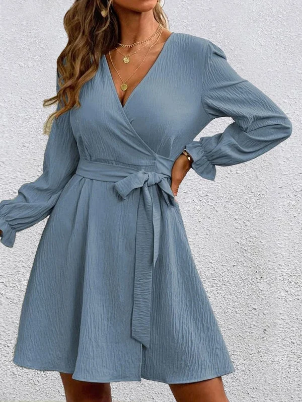 Casual V-Neck Long Sleeve Belted Flared Mini Dress