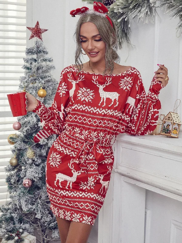 Long Sleeve Round Neck Printed Mini Christmas Dress