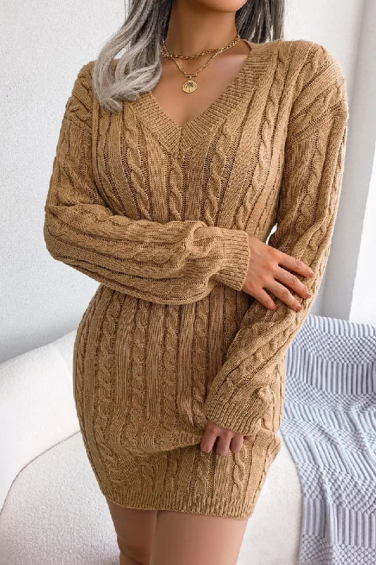 V Neck Winter Fisherman Cable Knit Sweater Mini Dress - Khaki