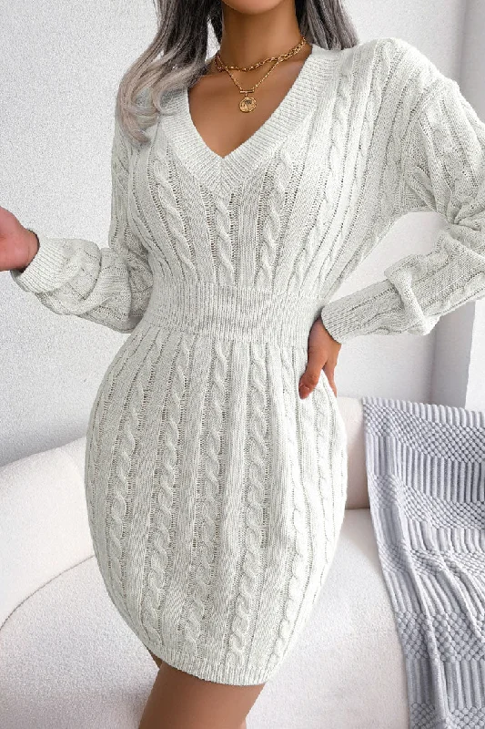 V Neck Winter Fisherman Cable Knit Sweater Mini Dress - White