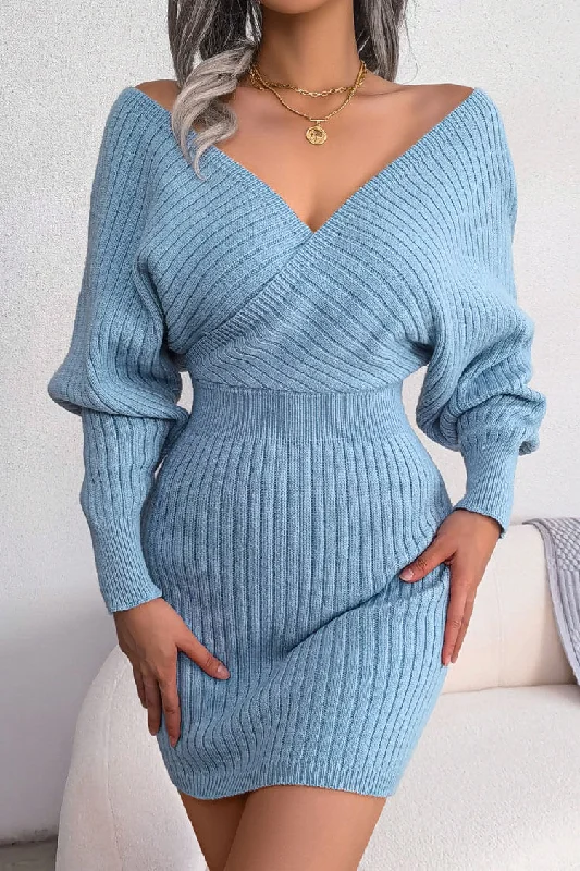 Winter Wrap V Neck Rib Knit Sweater Mini Dress - Blue