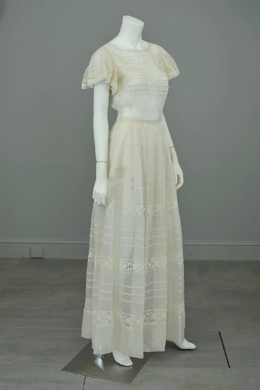 1970s Lovely Sheer Cream Tiered Panel Gown with Flutter Sleeves | 70s Peasant Gown