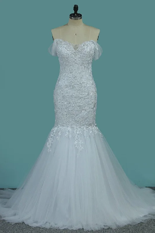 2024 Off-The-Shoulder Mermaid Wedding Dresses Tulle With Applique Court Train