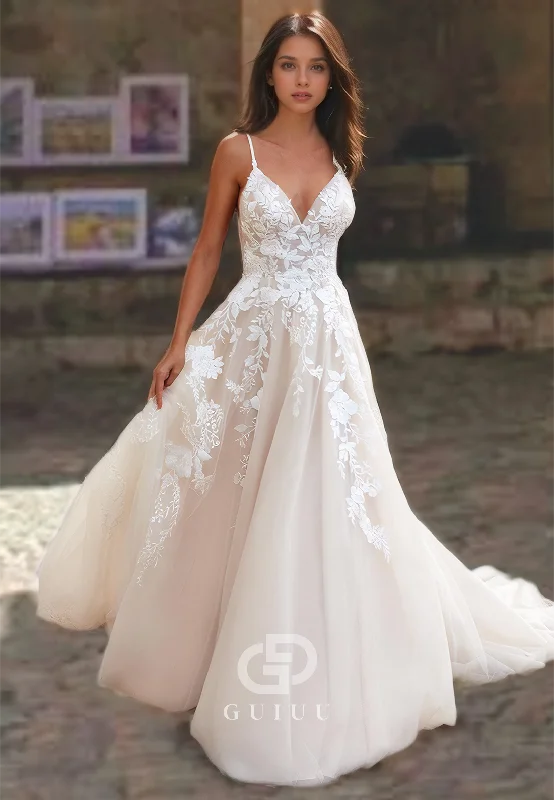 A-Line Tulle V-Neck Long Wedding Dress with Lace Appliques and Spaghetti Straps