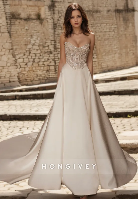 HONGIVEY New Glitter Sequins Wedding Dresses with Train Sweetheart Bride Gown