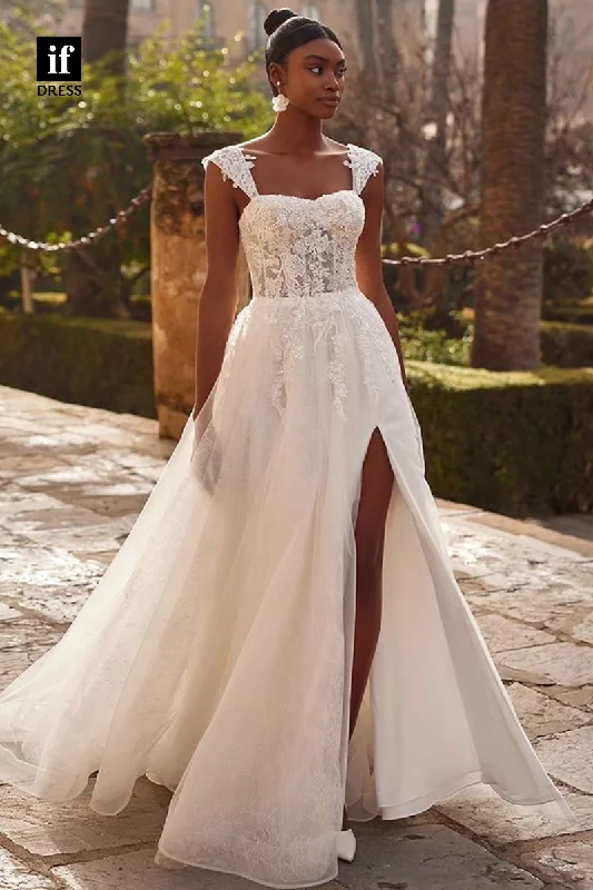 71140 - A-Line Straps Lace Appliques Side Slit Tulle Beach Wedding Dress