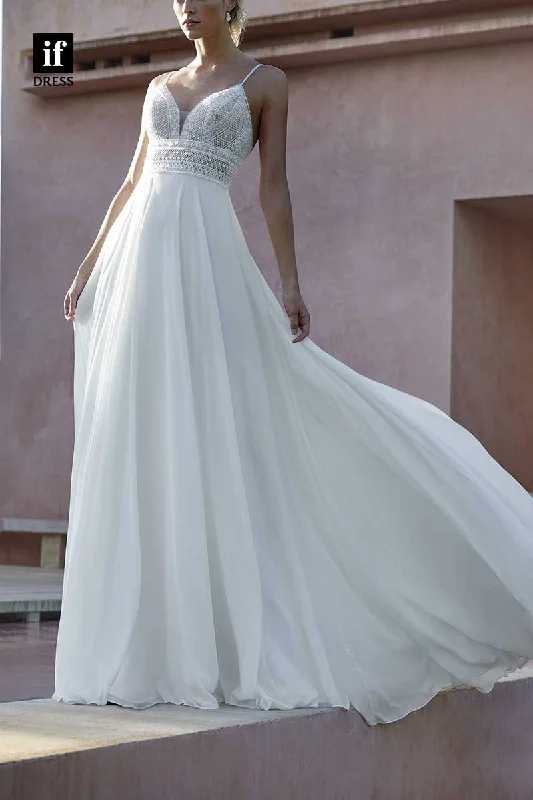 71193  -Simple A-Line V-Neck Sleeveless Tulle Beach Wedding Dress