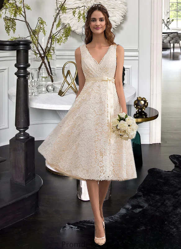 Juliana A-Line V-neck Knee-Length Lace Wedding Dress With Bow(s) STKP0013739