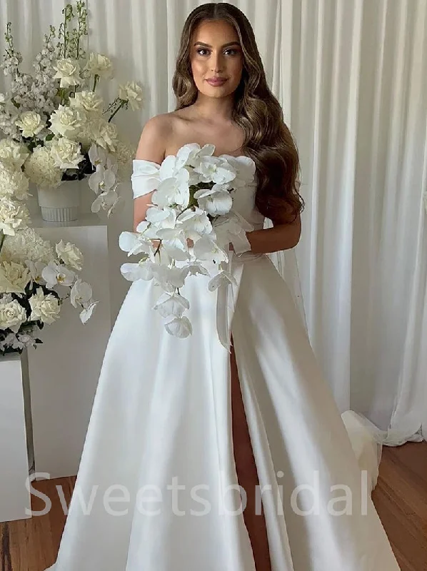 Simple Off-shoulder Side slit A-line Wedding Dresses, DB0212