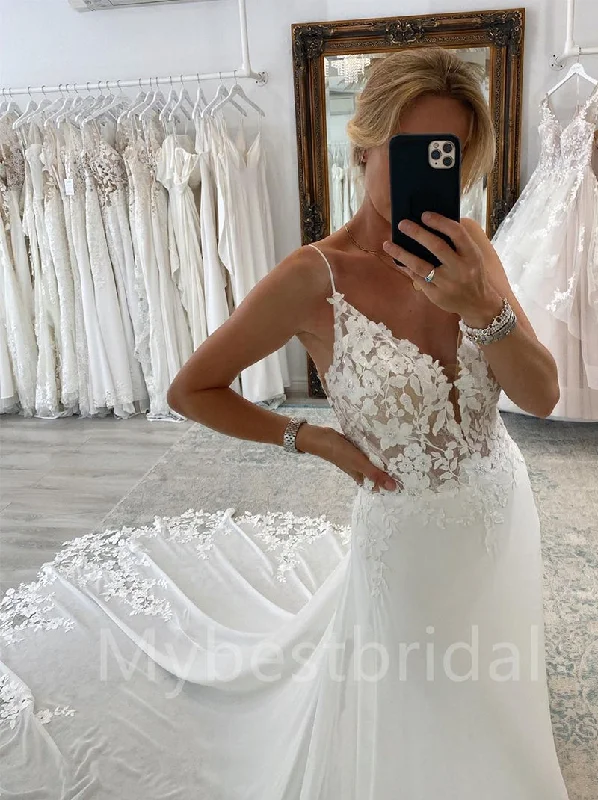 Simple Sexy Spaghetti straps V-neck Mermaid Lace applique Wedding Dresses, WDY0212