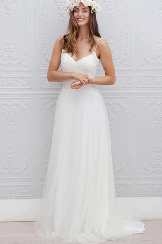 V-Neck Long Tulle A-line White Spaghetti Straps Backless With Bodice Wedding Dresses WK395