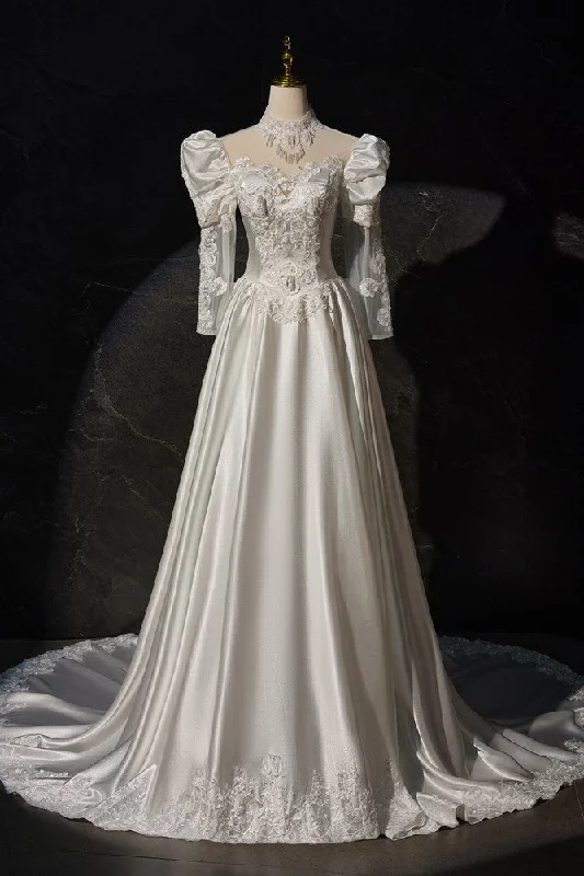 Vintage Satin Gorgeous Long Sleeves Appliques Wedding Dresses