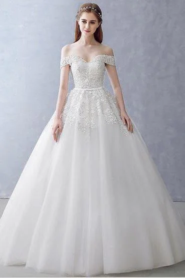 White Off-the-Shoulder Ball Gown Beads Sweetheart Floor-Length Wedding Dress WK751