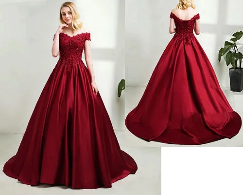 G130 (10+2) Wine Satin Off Shoulder Trail Ball gown, Size (XS-30 to XL-40)