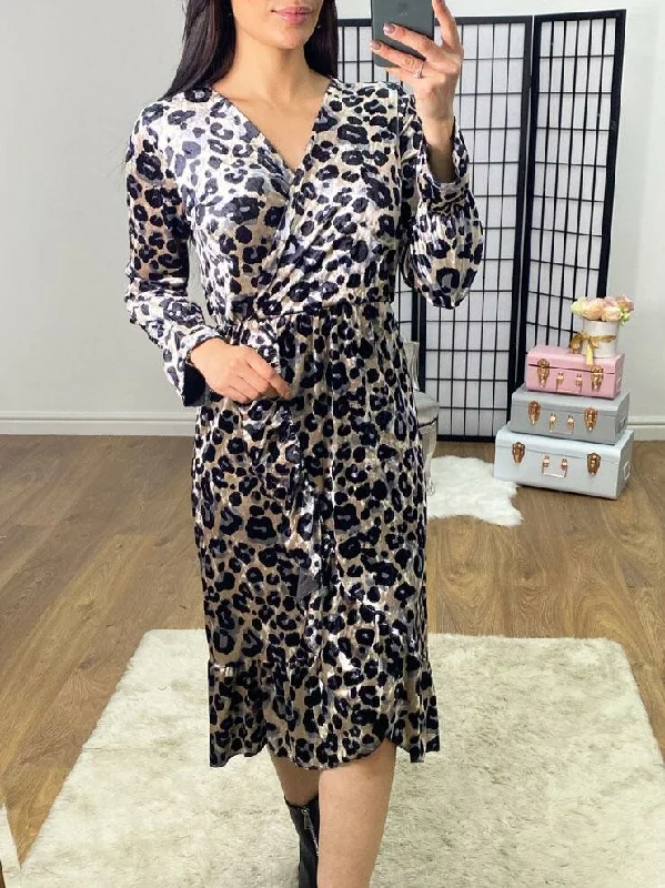 Addison Velvet Leopard Print Ruffle Detailed Dress