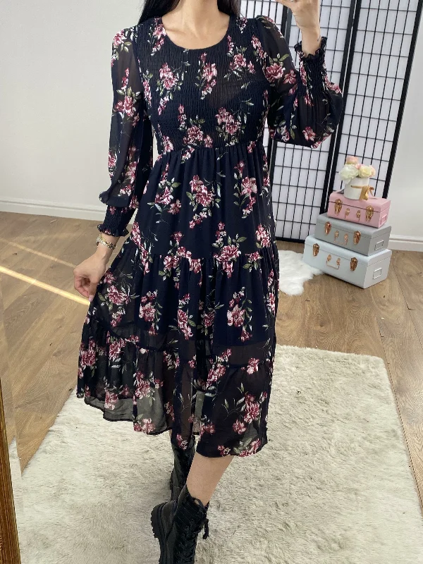 Liya Dark Navy Floral Elasticated Tiered Midi Dress