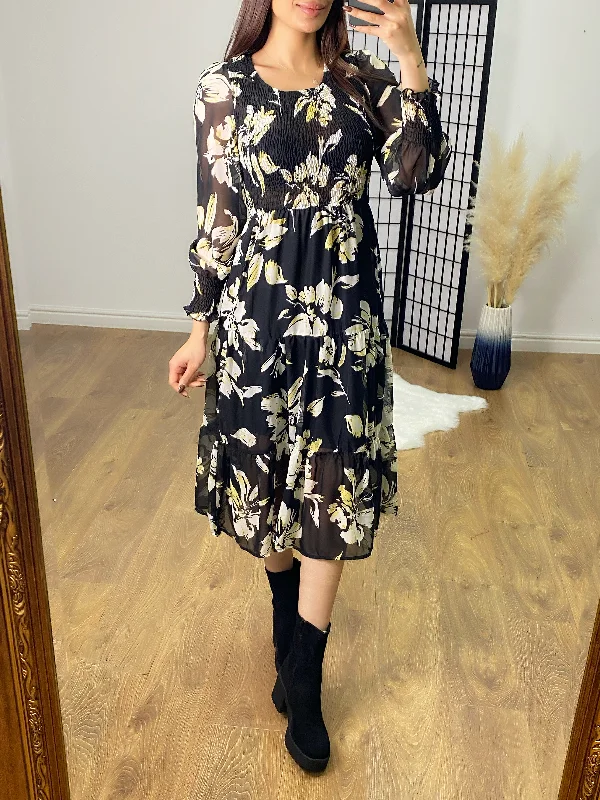 Matena Black Floral Elasticated Sheer Midi Dress