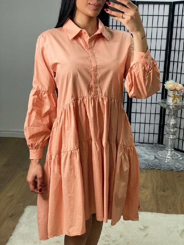 Rome Tiered Dipped Hem Puff Sleeve Shirt Dress