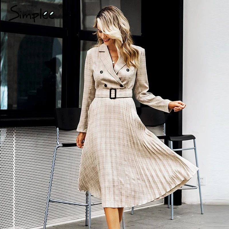 Simplee A-line v-neck blazer women midi dress Elegant long sleeve button sash female blazer vestidos Pleated office ladies dress