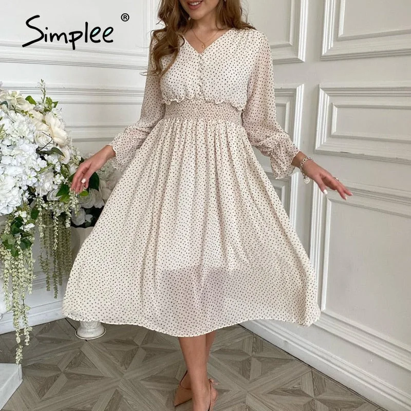 Simplee casual flare sleeve dress women Elegant V-neck Polka Dot print sash dress A-Line holiday female midi dress autumn