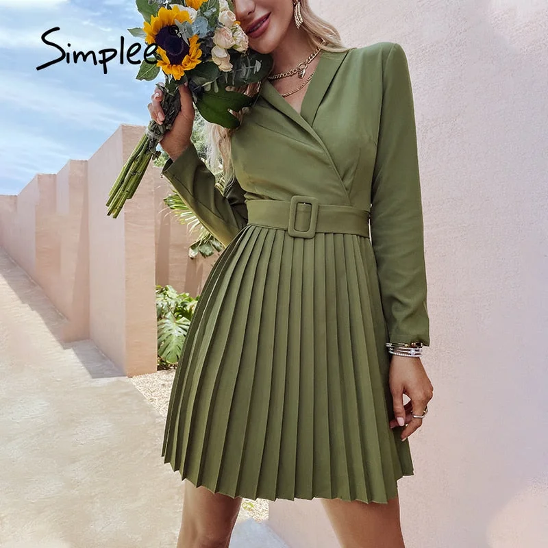 Simplee Elegant v-neck A-line pleated midi dress women green Office long sleeve belt blazer dresses Casual female vestidos