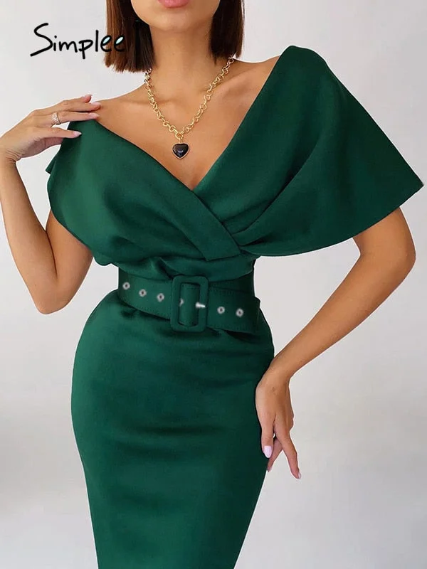 Simplee Sexy v-neck off shoulder belt party sheath women dress green black Winter midi club dresses white Elegant frills vestido