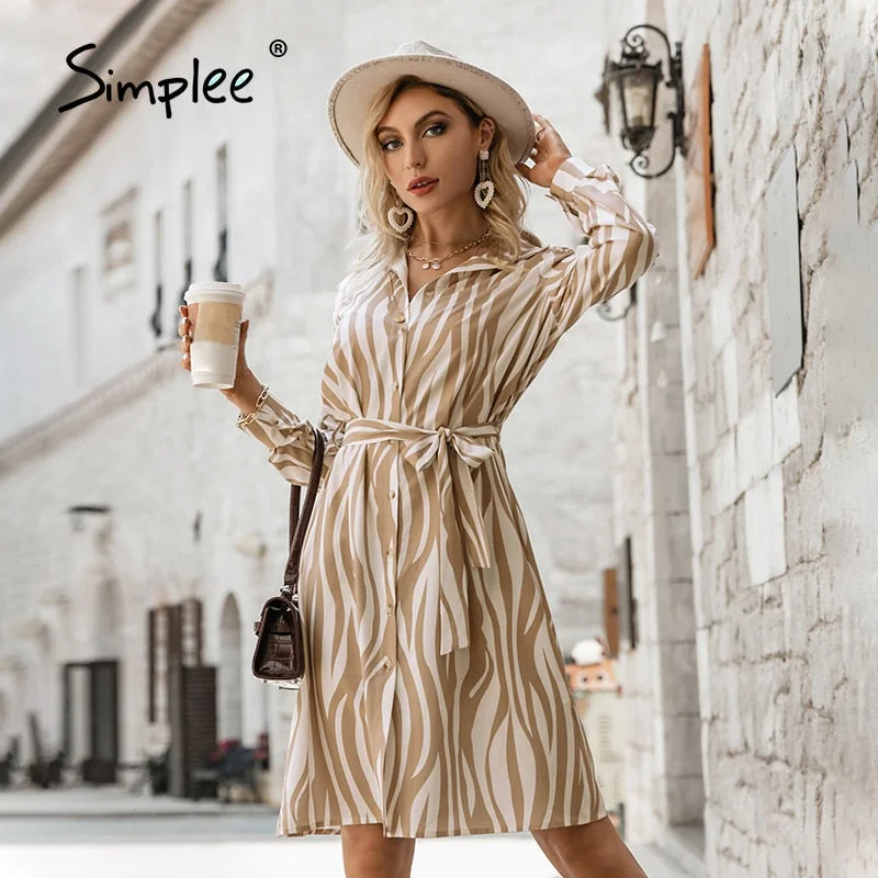 Simplee Shirt Collar Straight Office Ladies Belt Dress Lace Up Stripes Women Midi Dress Full Regular Sleeves Female Casual Dress