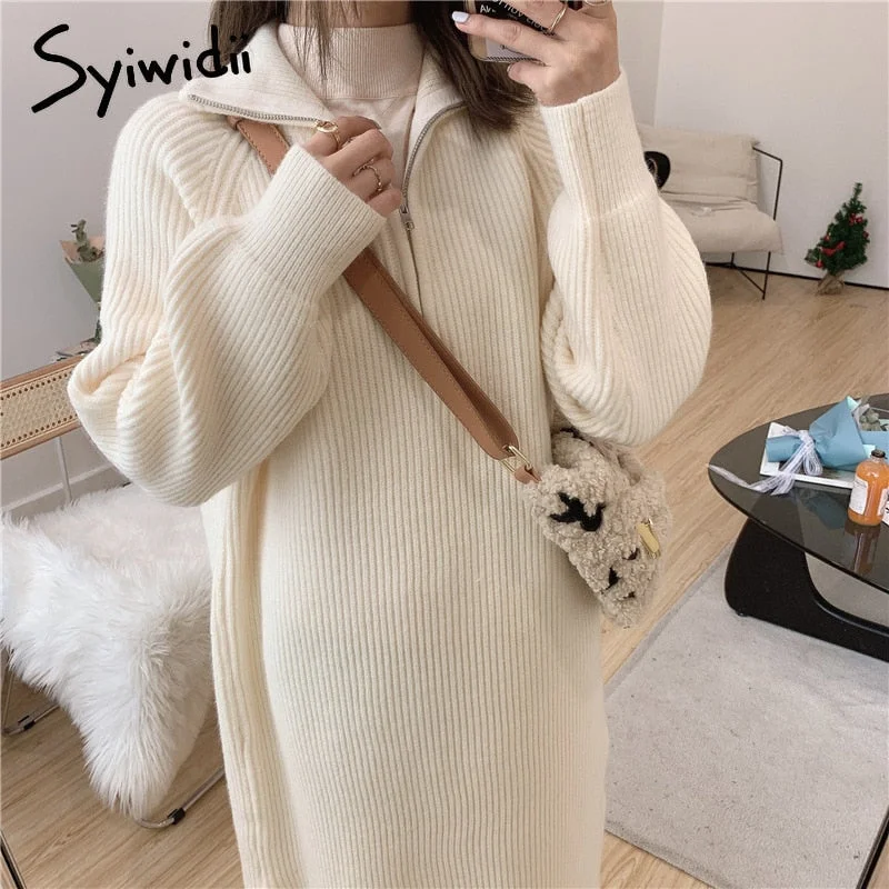 Syiwidii Autumn Winter Midi Dress Woman  Warm Turtleneck Thicken Vintage Long Oversize Sweaters Dresses Casual Knitted Dress