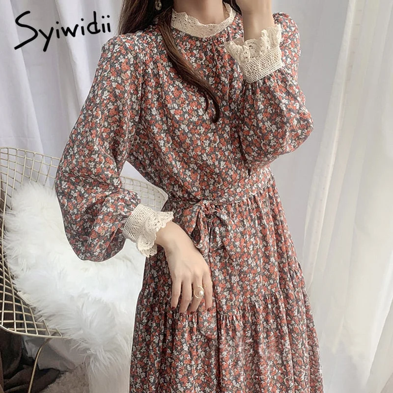 Syiwidii Dresses for Women Floral Print Lace Neck Fashion Dress Long Sleeve Spring Autumn Sweet Midi Dresses for Women Party