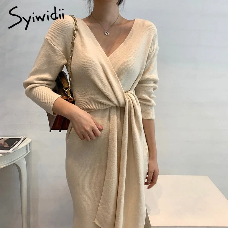 Syiwidii Elegant Knit Dresses for Women Fall Winter  Fashion New Long Sleeve V Neck A Line Sweater Midi Dress with Side Belt