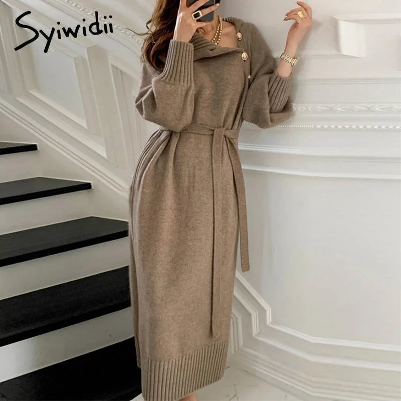 Syiwidii Knitting Dress for Woman Fall  New Vintage Turtleneck Button Up Long Sleeve Casual Sweater Midi Dresses with Belt