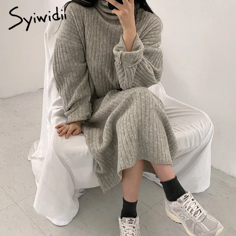 Syiwidii Ribbed Knitted Midi Dresses Women Autumn Winter  New Pullovers Long Sleeve A Line Korean Turtleneck Sweater Dress