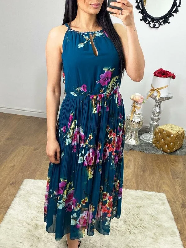 Tao Emerald Pleated Floral Midi Floaty Dress