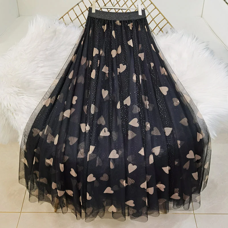 Beautiful Black Print tulle Sequins A Line Skirts Summer