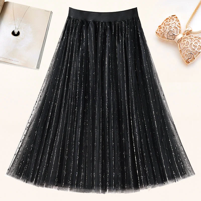 Fashion Black Elastic Waist tulle Pleated Skirt Summer