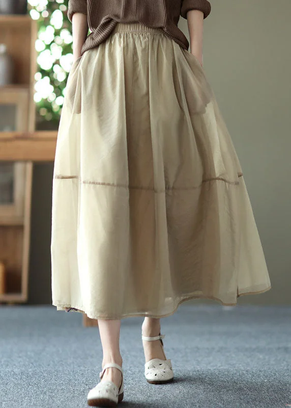 Milk Tea Color Solid Pockets Tulle A Line Skirt Summer