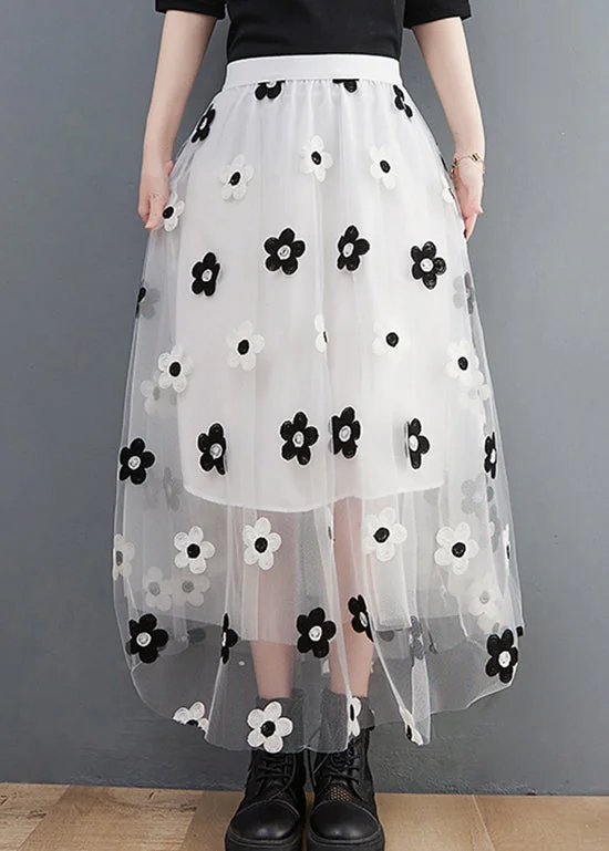 White Floral Embroideried Tulle Skirts High Waist Spring