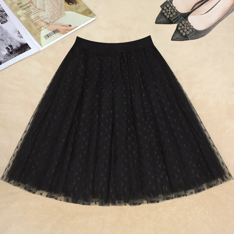 Women Black Dot tulle Box Pleats Skirts Summer