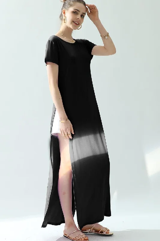 ROUND NECK SHORT SLEEVE LONG DRESS WITH SLIT