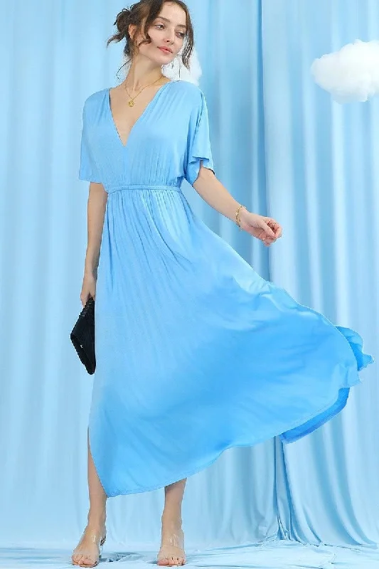 V NECK SHORT SLEEVE BACK BOW TIE EMPIRE MAXI DRESS